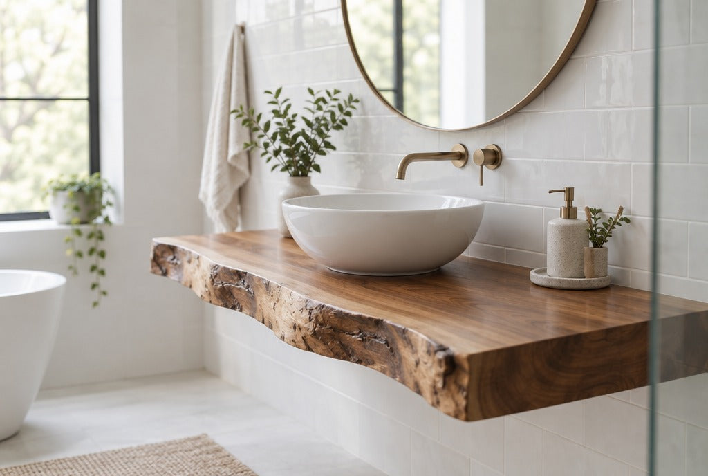 A live-edge solid wood floating bathroom vanity with a vessel sink and a round mirror in a bright bathroom with white tile
