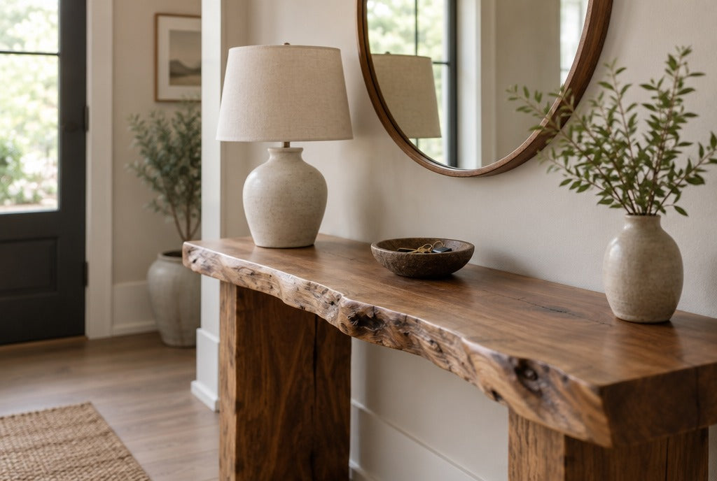 A rustic live-edge solid wood console table in a front hall with a round mirror, a ceramic lamp and a bowl for keys