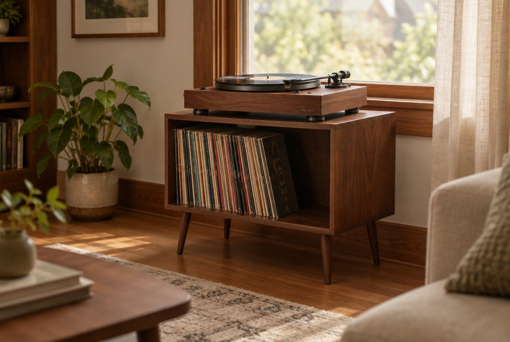 A mid-century solid walnut record player stand with a turntable on top and vinyl records stored below in a warm bungalow living room