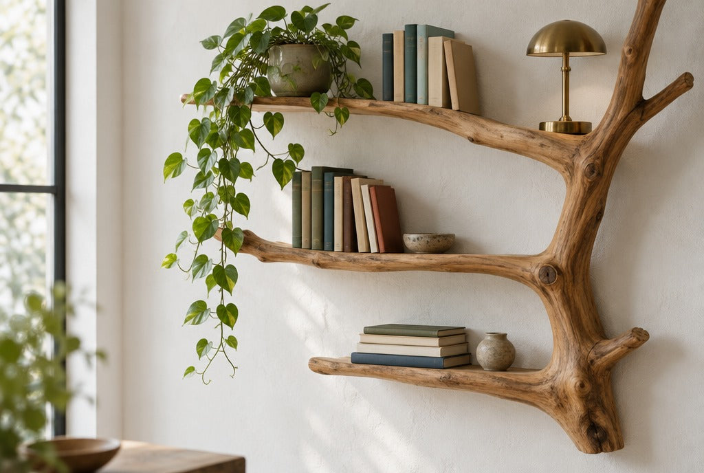 A handcrafted solid wood tree branch bookshelf holding books, a trailing plant and a brass lamp on a white plaster wall