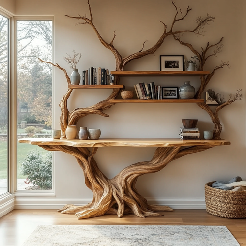 Elarion Tree Trunk Sculpted Solid Wood Console Table With Shelves