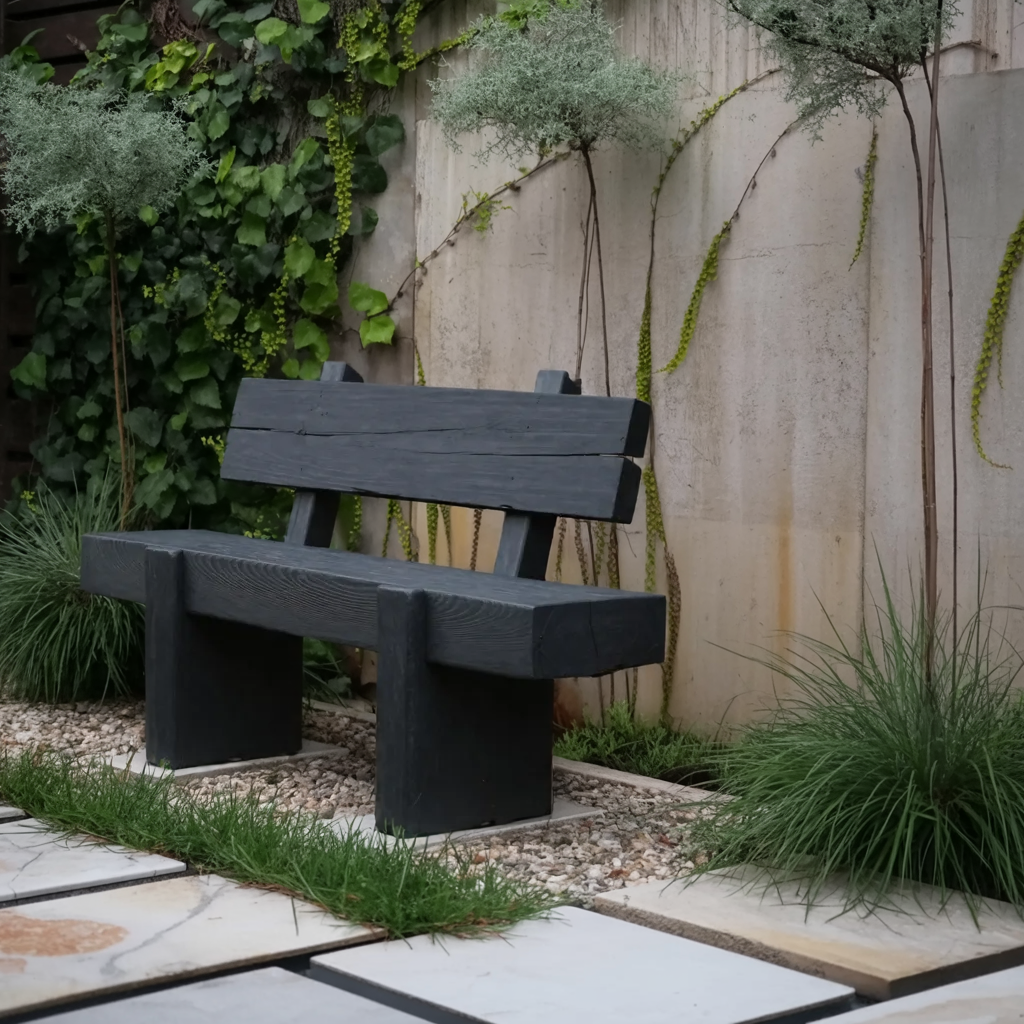 Modern Solid Wood Outdoor Bench With Charred Finish For Garden Or Patio