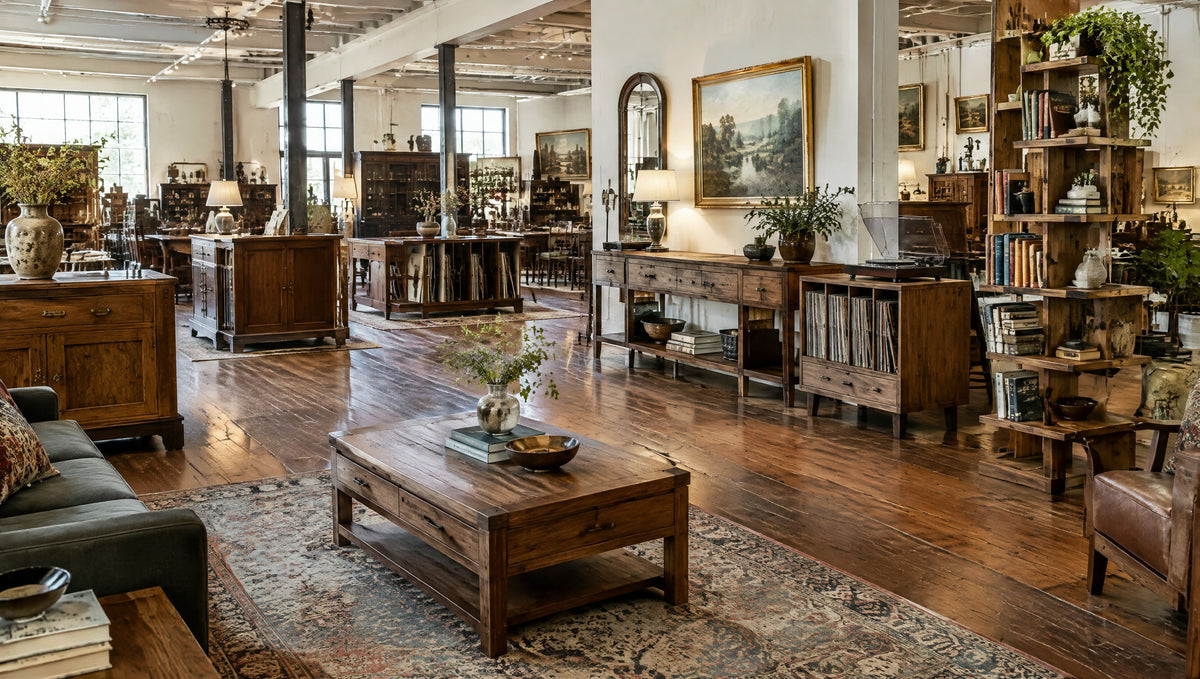 Inside an antique-mall-style furniture hall with newly built vintage-inspired solid wood pieces