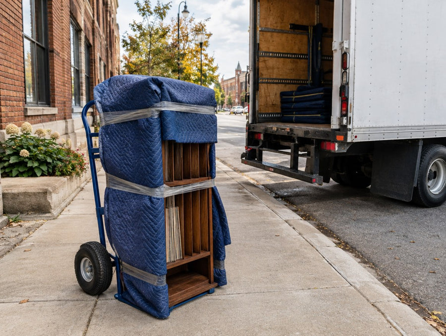 A blanket-wrapped solid wood record stand on a hand truck beside a box truck in Springfield, Illinois